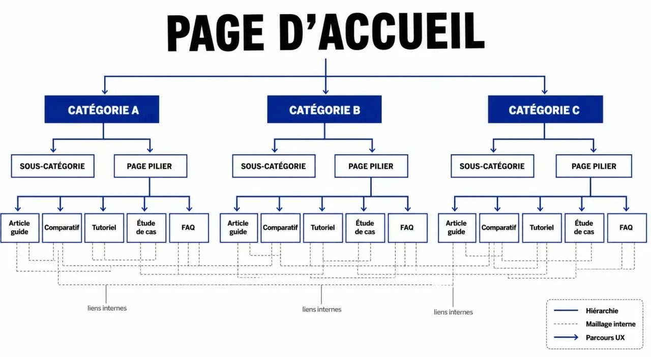 Arborescence SEO d’un site web avec catégories, sous-catégories et liens internes