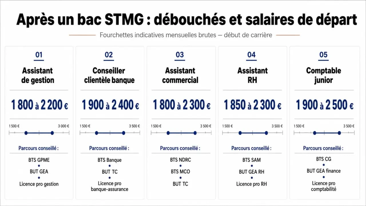 STMG métier salaire : infographie des débouchés et des salaires après un bac STMG