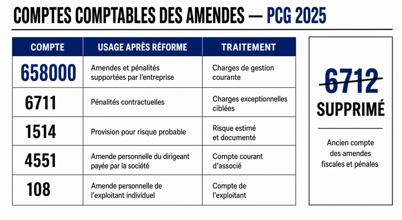 Compte comptable amende : tableau comparatif des comptes 658000, 6711, 1514, 4551 et 108 après le PCG 2025