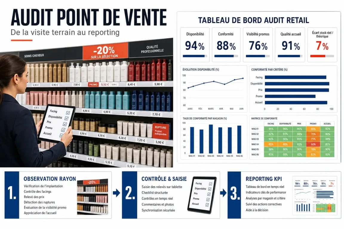 Retail sales audit en magasin avec contrôle du merchandising et tableau de bord KPI