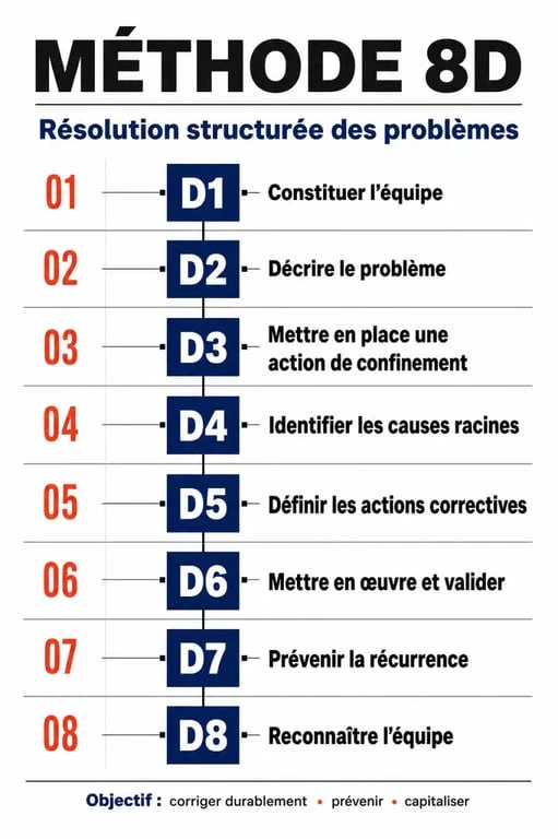 Infographie des 8 étapes de la méthode 8D pour l'analyse et la résolution de problèmes qualité
