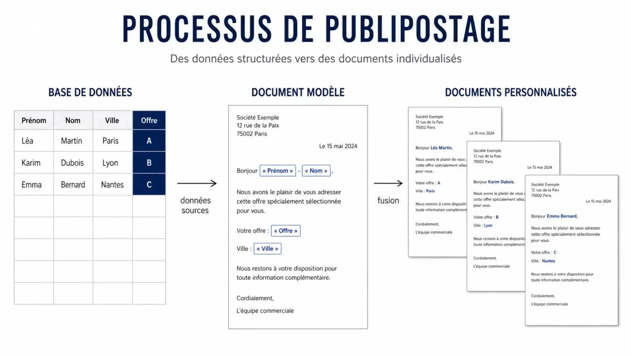 Schéma explicatif du fonctionnement du publipostage pour la personnalisation de documents