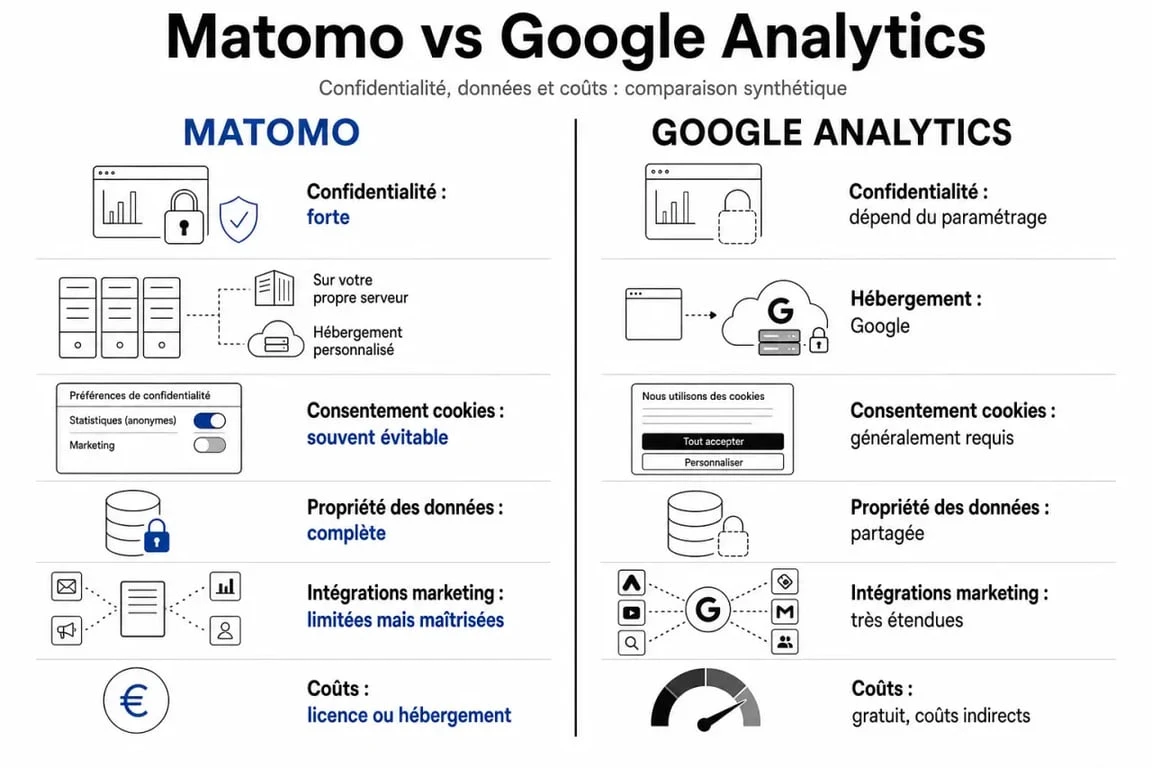 Matomo vs Google Analytics : illustration comparative des différences de confidentialité, RGPD, coûts et intégrations