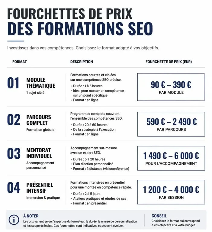 Infographie comparative des prix des formations SEO : du module e-learning au présentiel intensif.