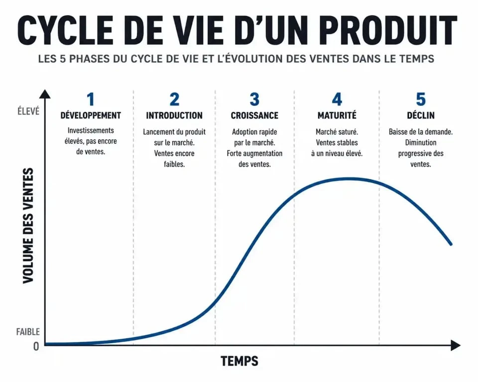 Schéma du cycle de vie d'un produit montrant les étapes de développement, lancement, croissance, maturité et déclin.