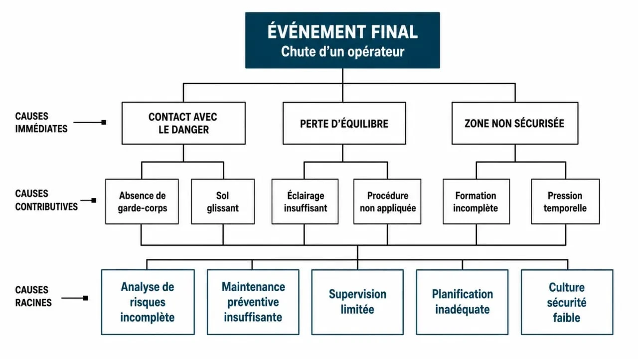 Schéma illustrant la méthode de l'arbre des causes pour l'analyse des accidents du travail