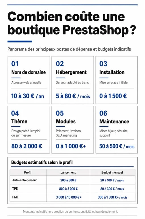PrestaShop prix : infographie éditoriale sur les coûts d’une boutique PrestaShop et les budgets selon le profil