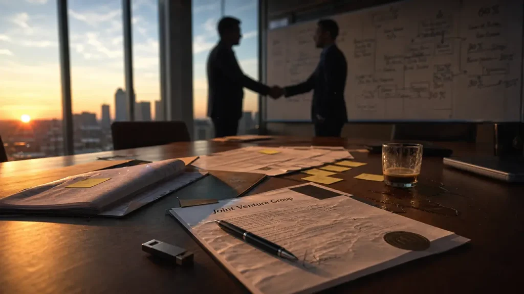 Joint venture group : partenaires se serrant la main en bureau