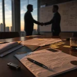 Joint venture group : partenaires se serrant la main en bureau