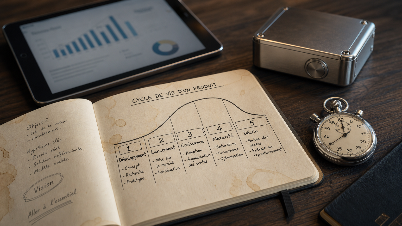 Le cycle de vie d'un produit en 5 étapes : développement, lancement, croissance, maturité, déclin