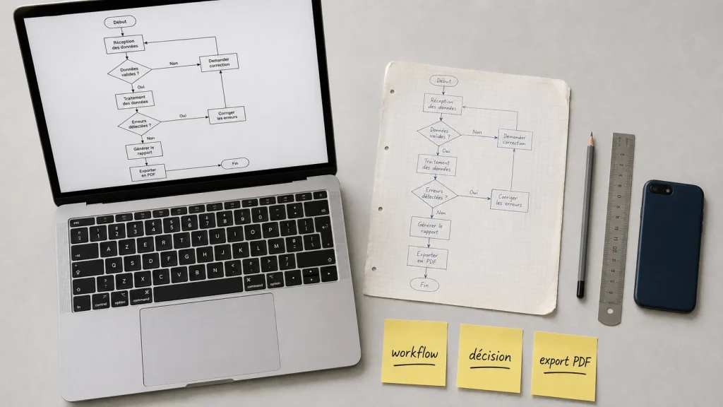 Logigramme en ligne sur écran, post-it workflow et export PDF