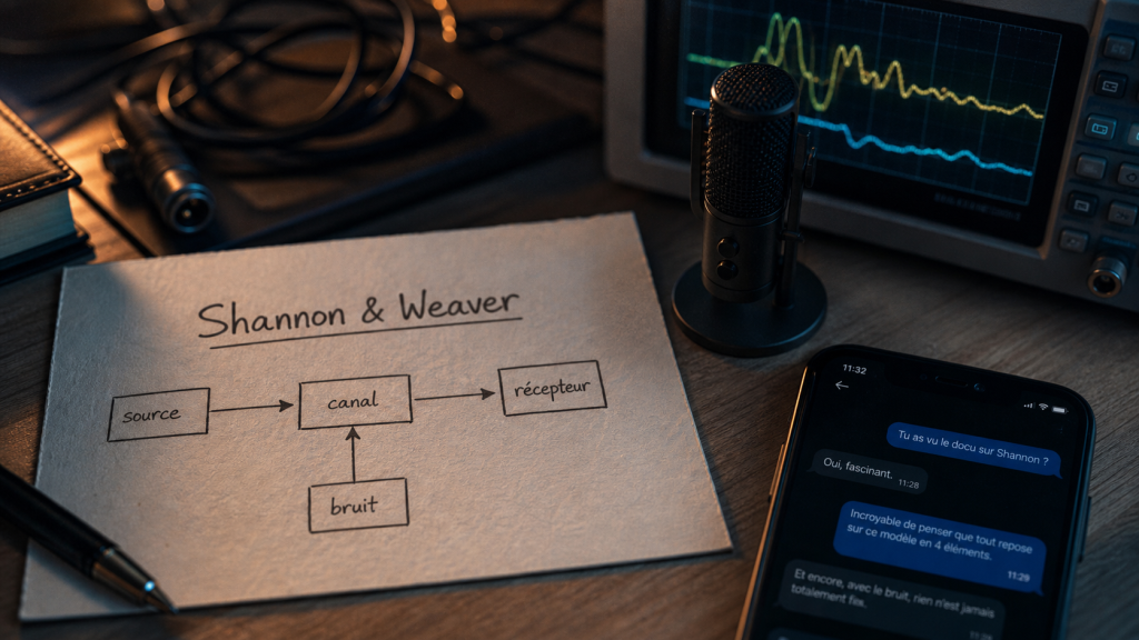 Modèle de shannon et weaver : source, canal, bruit, récepteur — schéma et signaux