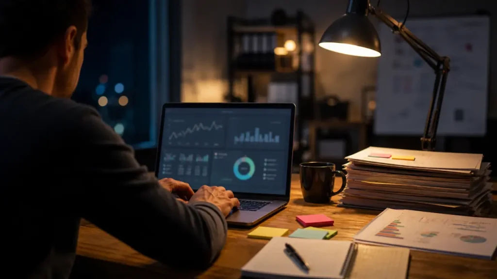 Consultant digital freelance sur laptop, KPIs et CRM