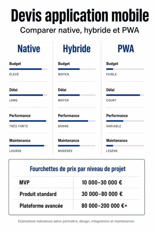 Devis application mobile : comparaison native, hybride et PWA avec impacts sur le budget