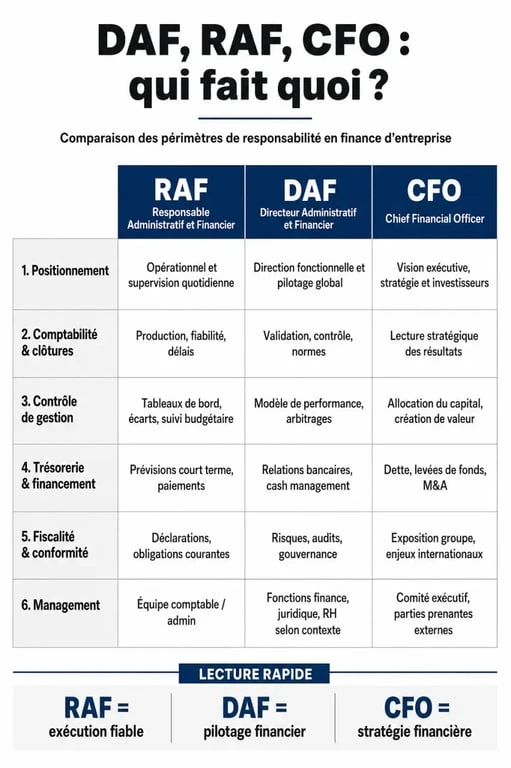 Tableau comparatif des rôles de DAF, RAF et CFO dans l'entreprise