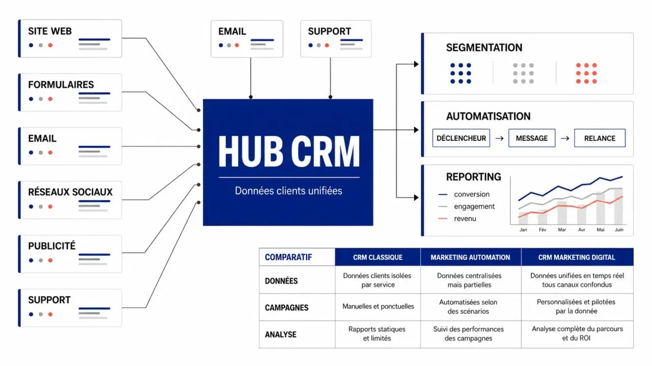 CRM marketing digital : schéma comparatif et centralisation des données client