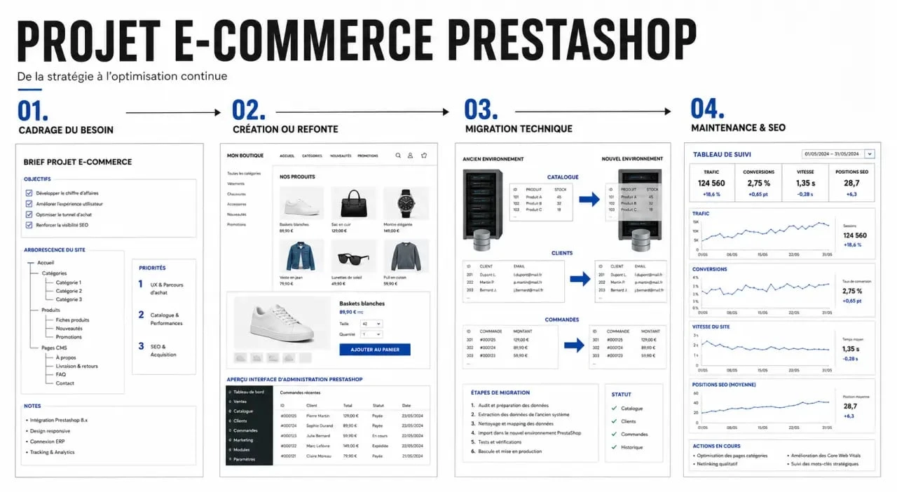 Agence e commerce prestashop illustrée en schéma éditorial avec les étapes création, migration, maintenance et SEO