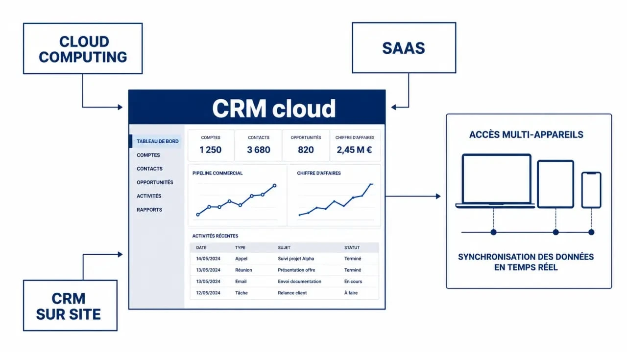 Schéma comparatif du crm in cloud computing, du SaaS et du CRM on-premise