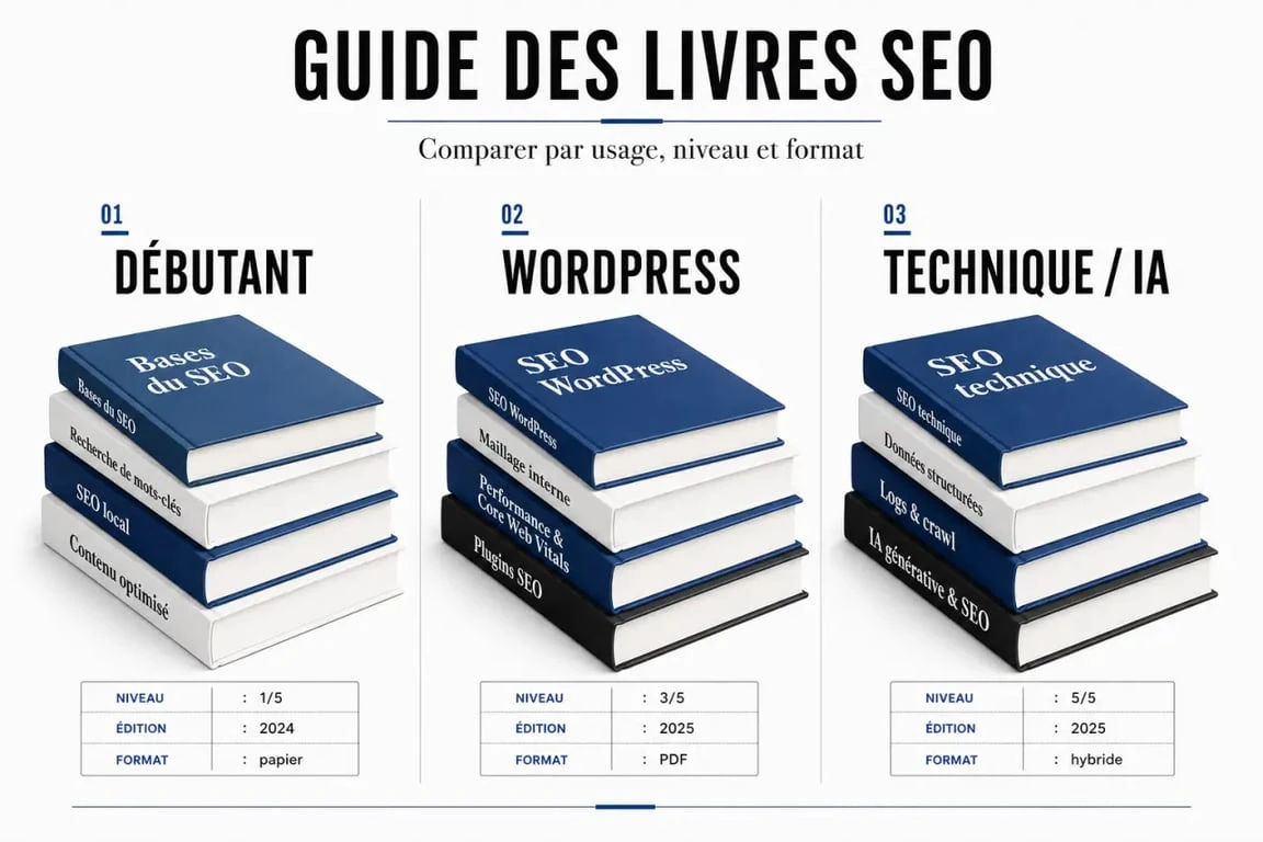 Livres seo classés par niveau et par usage dans une composition éditoriale sobre