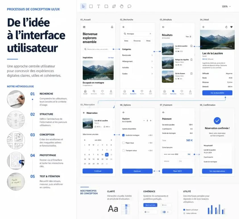 Interface de design UI/UX sur le logiciel Sketch avec plusieurs plans de travail