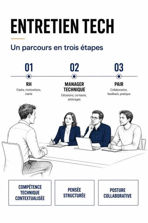 Entretien tech illustré par une composition éditoriale sur les trois piliers de préparation et les interlocuteurs clés