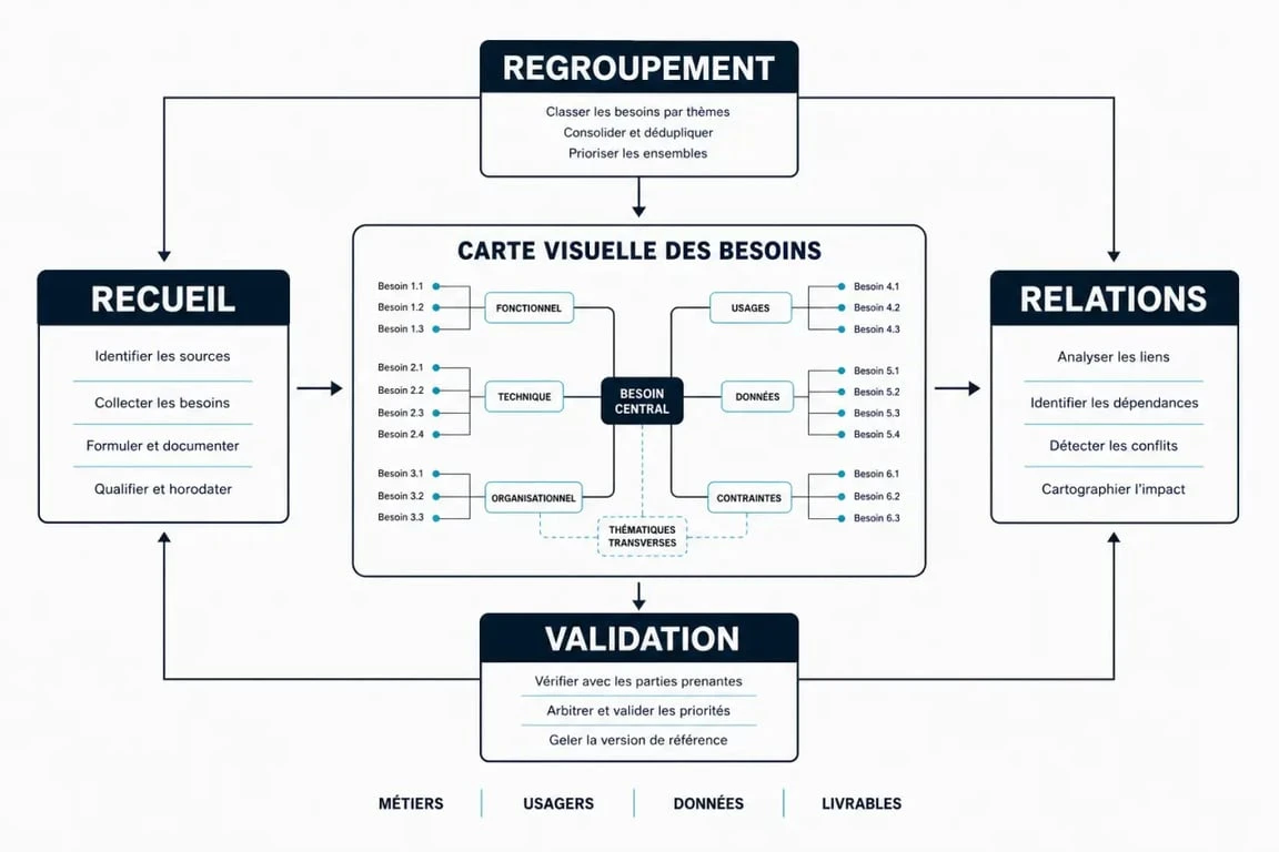 Cartographie des besoins : schéma éditorial des étapes de recueil, regroupement, visualisation et validation