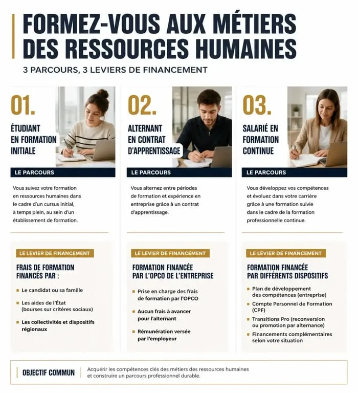 Infographie des parcours de formation en ressources humaines à Toulon : étudiant, alternant et salarié.