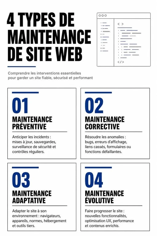 Infographie des 4 types de maintenance de site web pour assurer la pérennité et la sécurité