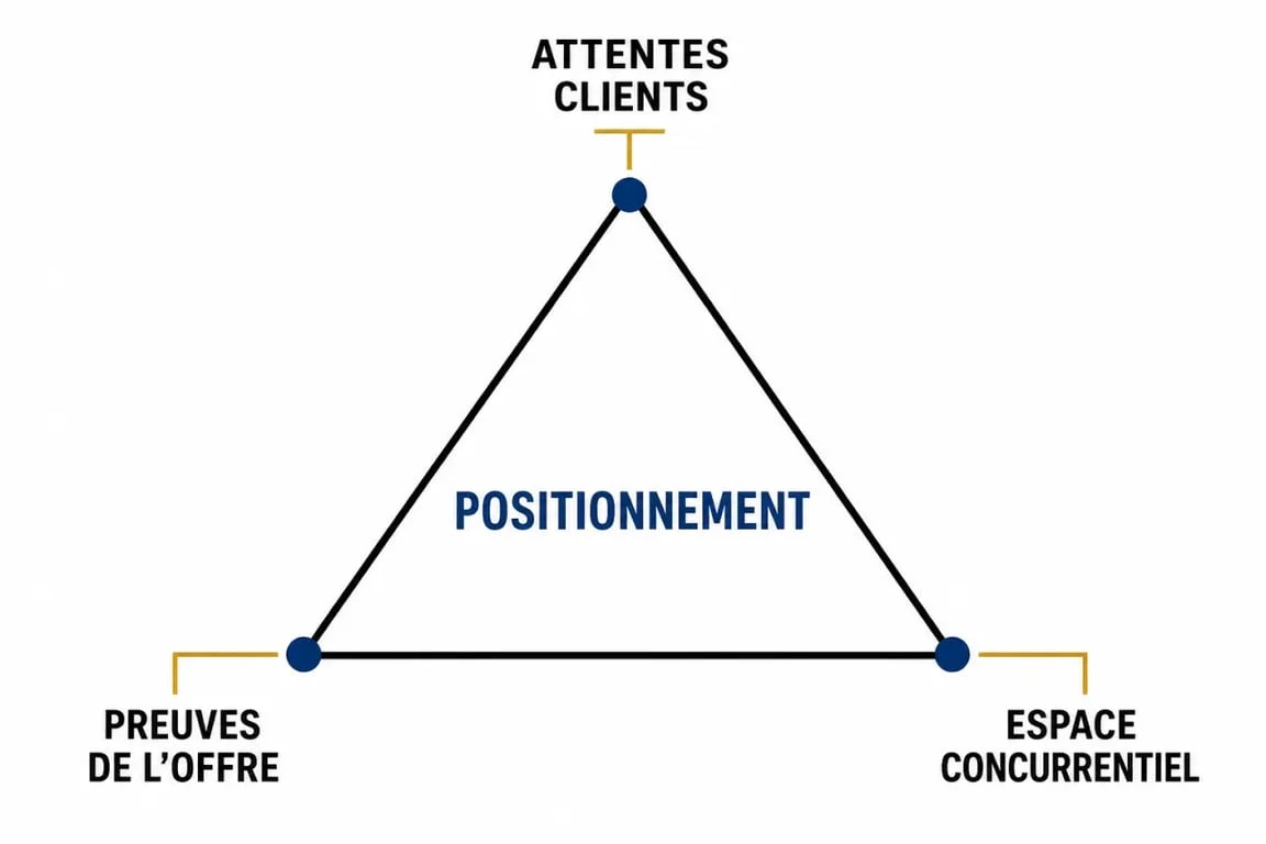 Schéma du triangle d'or du positionnement montrant les attentes clients, les preuves de l'offre et l'écart concurrentiel