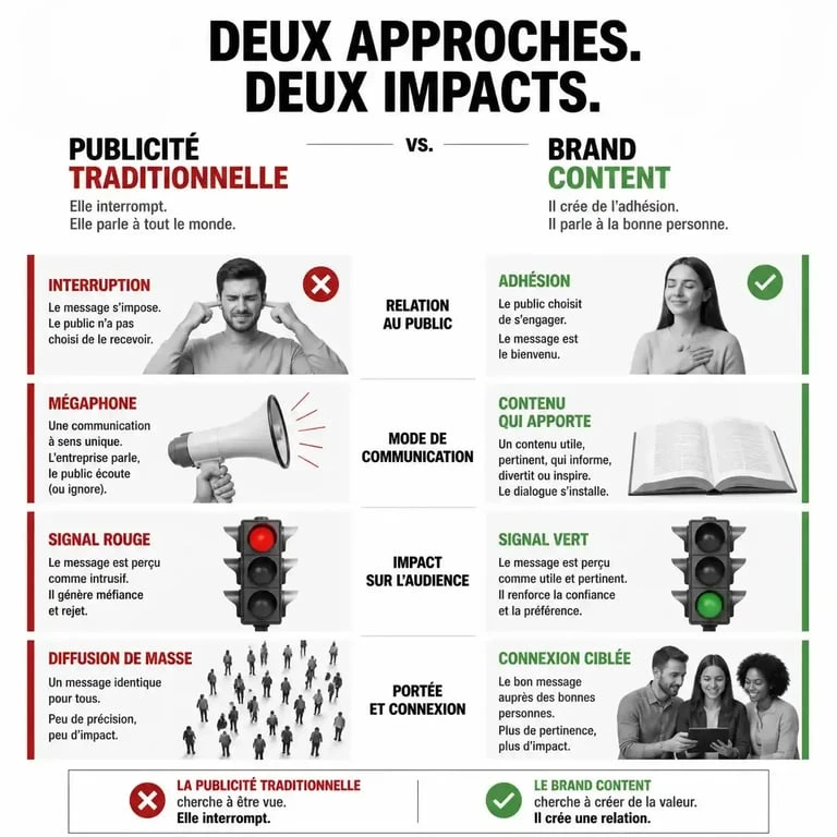Comparaison entre brand content et publicité traditionnelle pour comprendre la définition du brand content