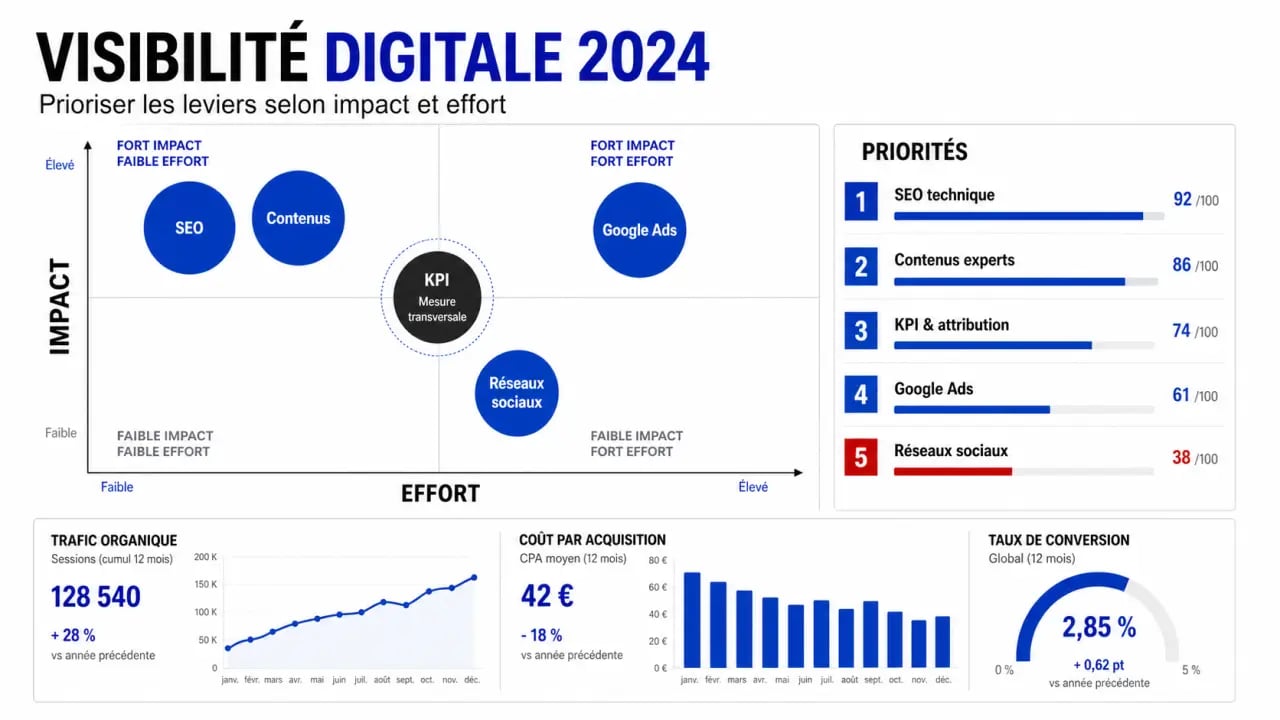 Optimiser la visibilité digitale de votre entreprise en 2024 avec un tableau de bord SEO, contenus, réseaux sociaux et KPI