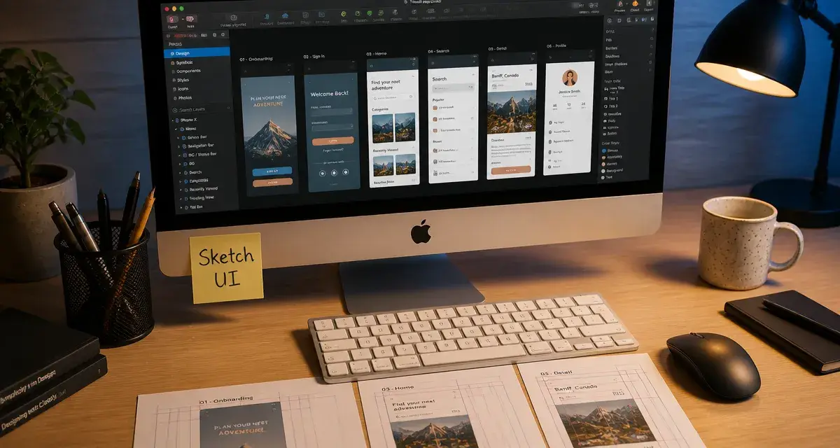 Sketch logiciel sur macOS : interface UI/UX et artboards sur iMac