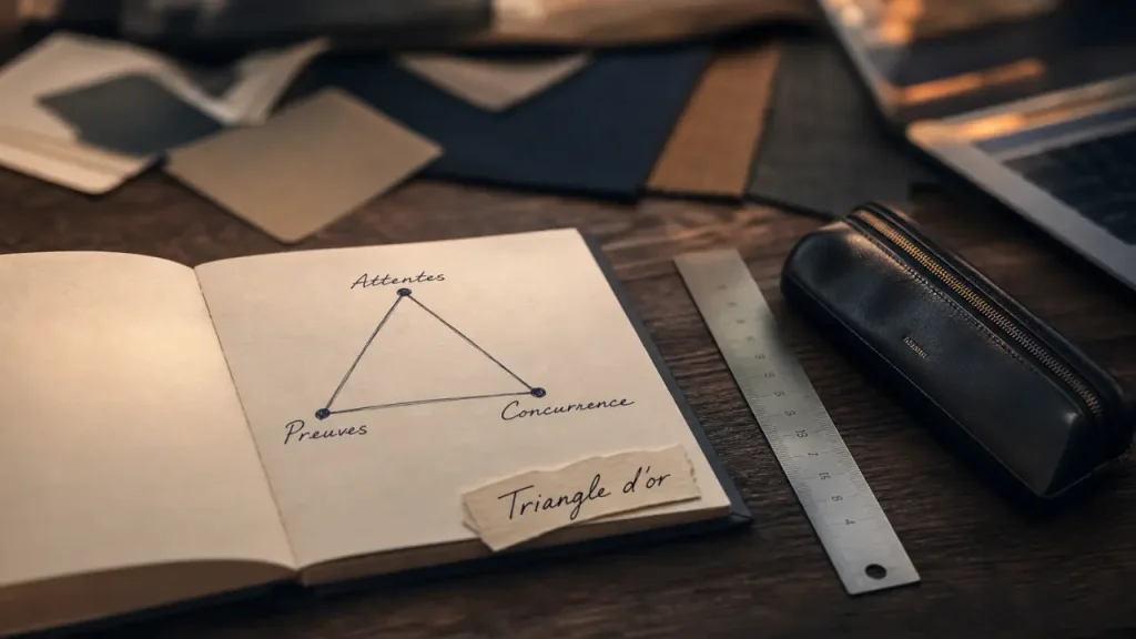 Triangle d’or du positionnement : aligner attentes clients, preuves produit et concurrence