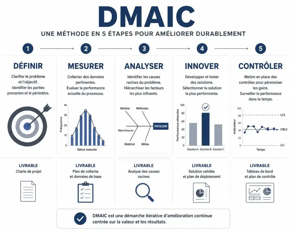 Infographie de la méthode DMAIC pour la formation en amélioration continue