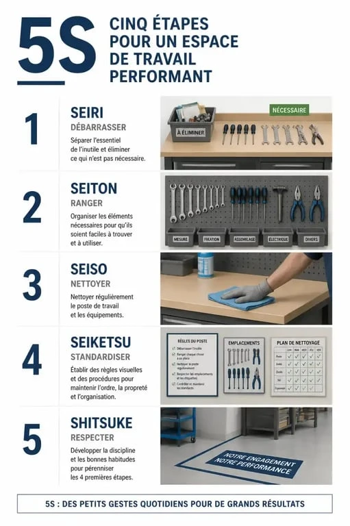 Illustration des 5S pour la formation en amélioration continue