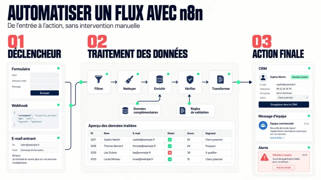 Schéma explicatif n8n avec déclencheur, traitement et action dans un workflow automatisé