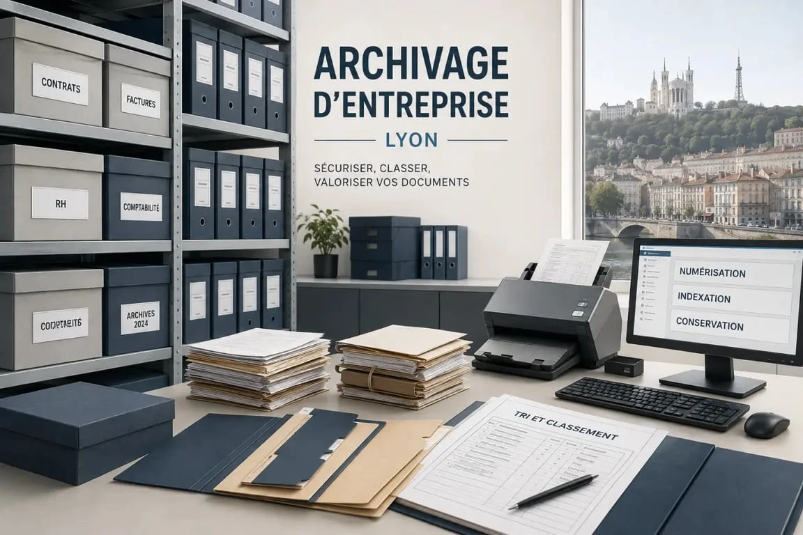 Archivage documents entreprise lyon dans un bureau professionnel avec boîtes d’archives, scanner et classement numérique