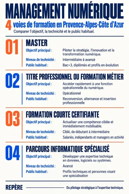 Infographie des parcours de formation management numérique Provence-Alpes-Côte d’Azur