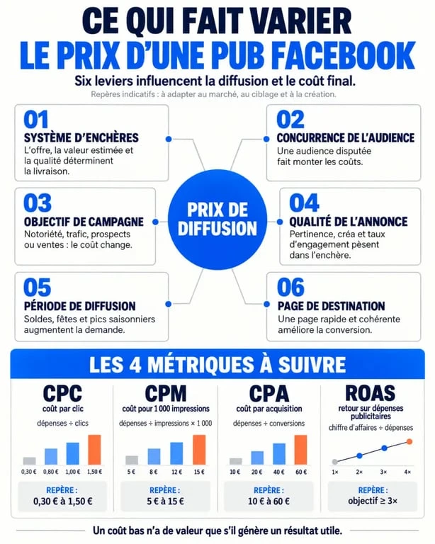 Infographie sur le prix d’une publicité sur Facebook, avec les facteurs de coût et les indicateurs CPC CPM CPA