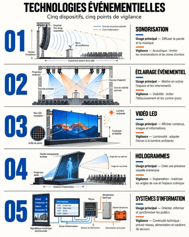 Event technology : comparaison des solutions de son, lumière, vidéo LED, hologrammes et systèmes d’information