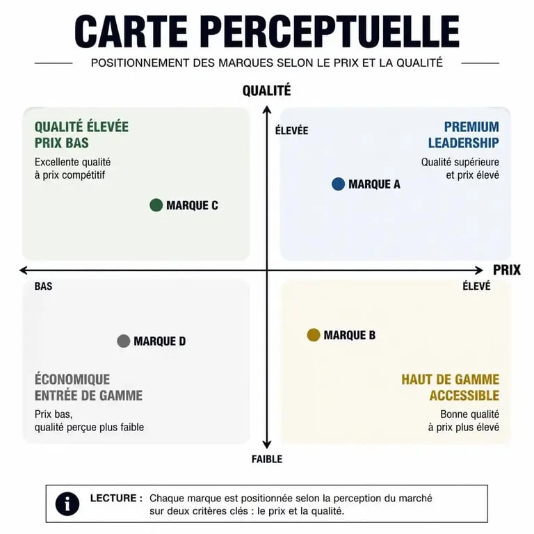 Carte perceptuelle ou mapping concurrentiel pour définir le positionnement marketing d'une entreprise.
