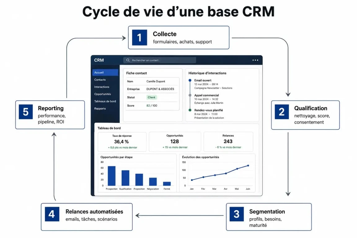 Base de données CRM illustrée par le cycle collecte, qualification, segmentation, automatisation et reporting