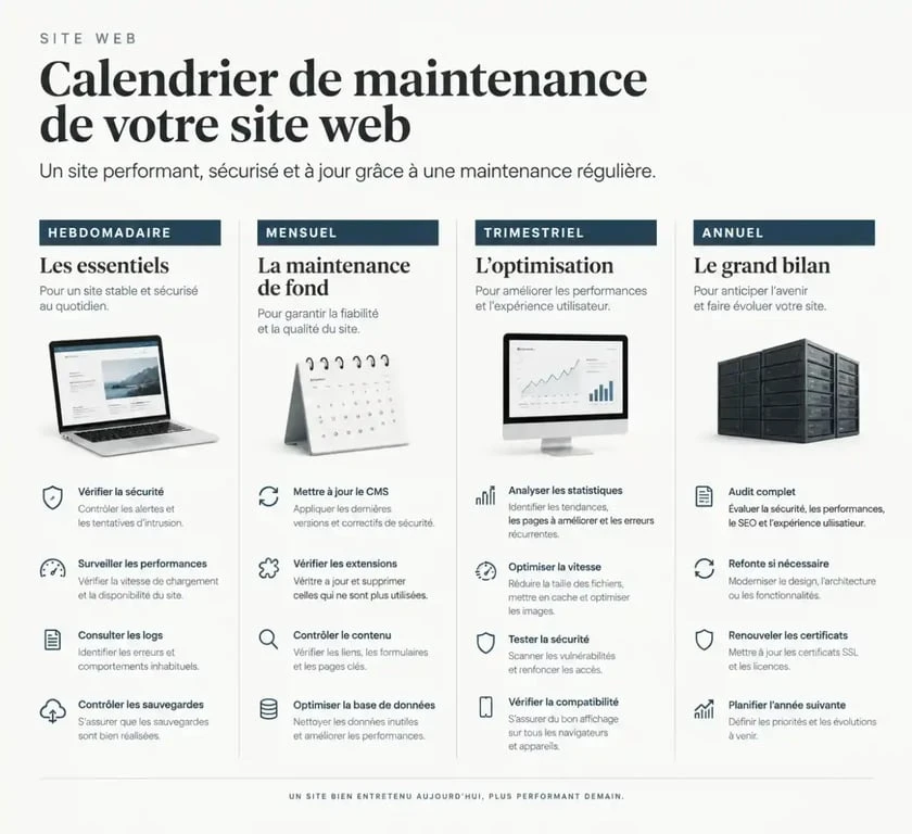 Calendrier de gestion de site web : maintenance hebdomadaire, mensuelle, trimestrielle et annuelle pour une gestion de site efficace.