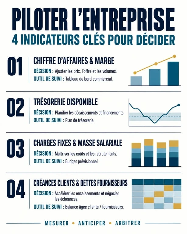 Conseil gestion entreprise 45 fr : infographie des quatre indicateurs de pilotage