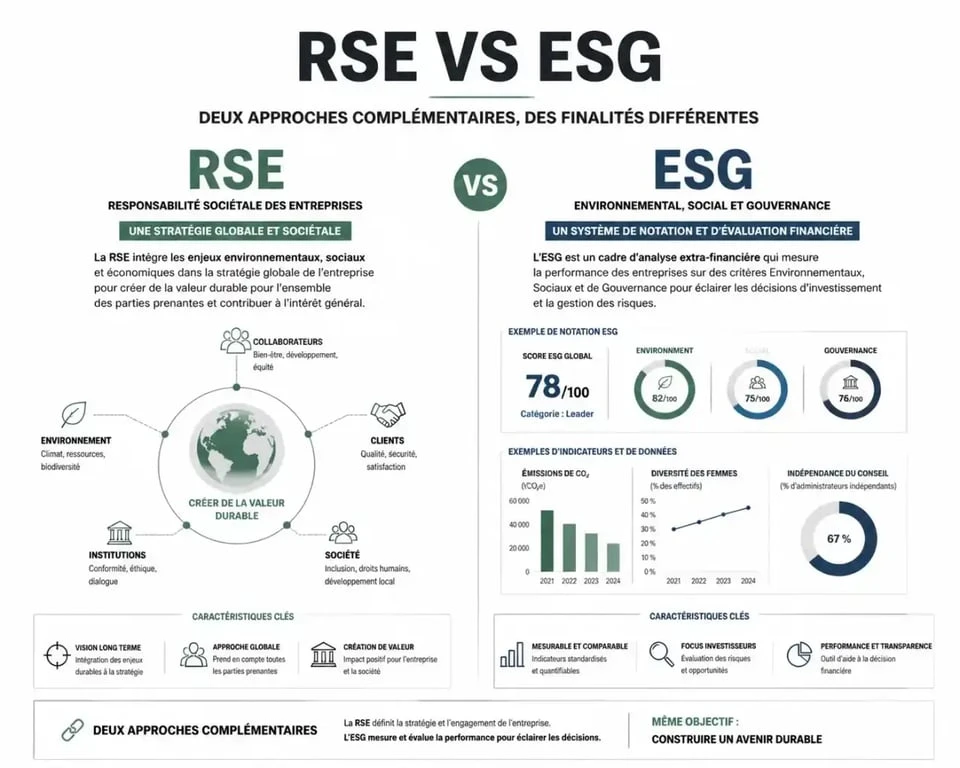 Infographie comparative entre RSE et ESG pour comprendre la différence entre stratégie globale et mesure extra-financière