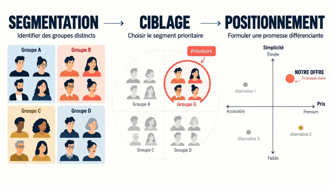 Schéma éditorial du marketing STP présentant la segmentation, le ciblage et le positionnement