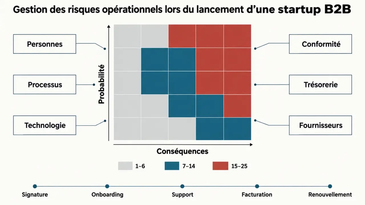 Infographie sur la gestion des risques opérationnels lors du lancement d’une startup B2B avec matrice de criticité