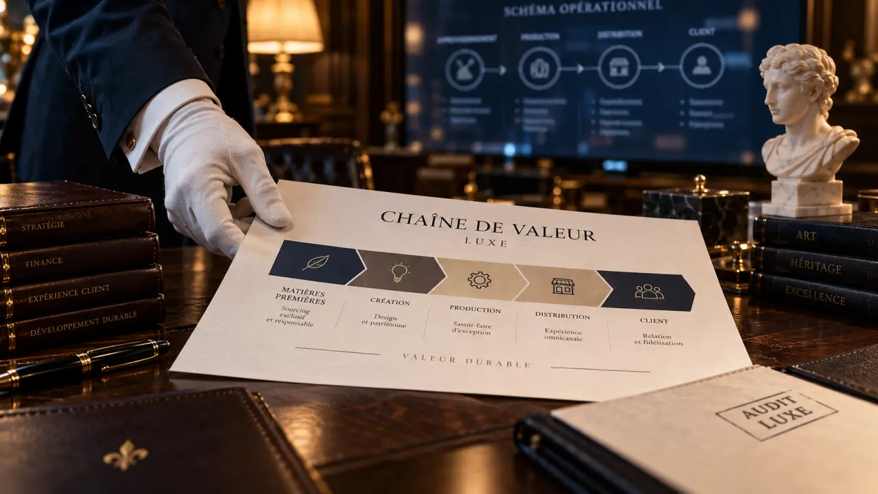 Cabinet de conseil luxe : audit et expertise sur table en noyer