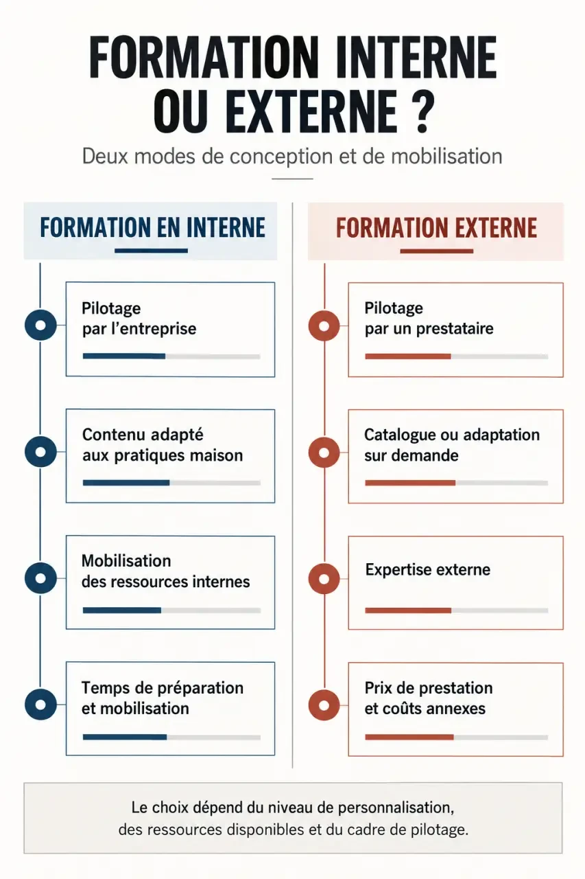 Infographie comparative sur la formation en interne et la formation externe