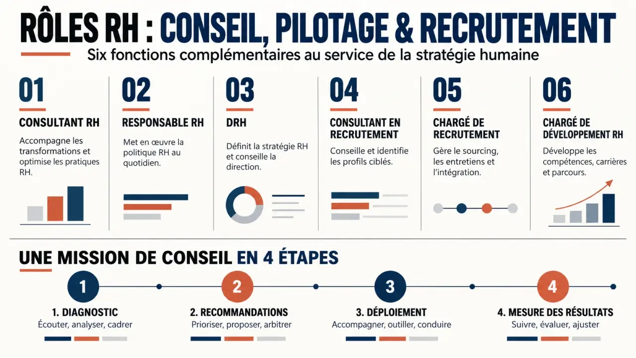 Consultant ressources humaines : infographie comparant les métiers RH et les étapes d’une mission de conseil